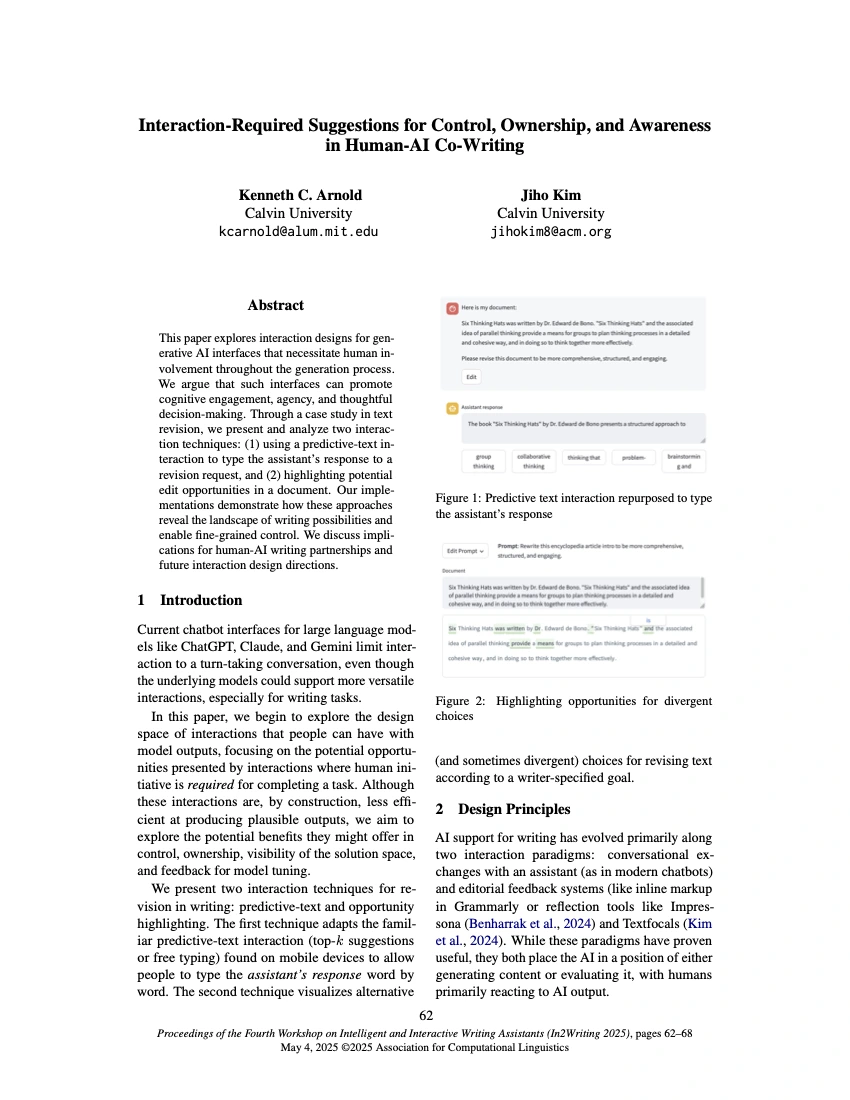 First page of Interaction-Required Suggestions for Control, Ownership, and Awareness in Human-AI Co-Writing, In2Writing 2025.