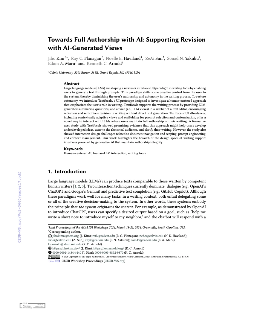 First page of Towards Full Authorship with AI: Supporting Revision with AI-Generated Views, HAI-GEN 2025.