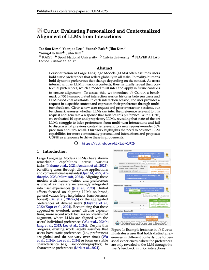First page of CUPID: Evaluating Personalized and Contextualized Alignment of LLMs from Interactions, COLM 2025.