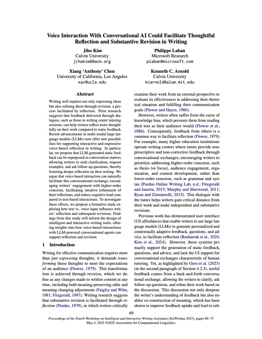 First page of Voice Interaction With Conversational AI Could Facilitate Thoughtful Reflection and Substantive Revision in Writing, In2Writing 2025.